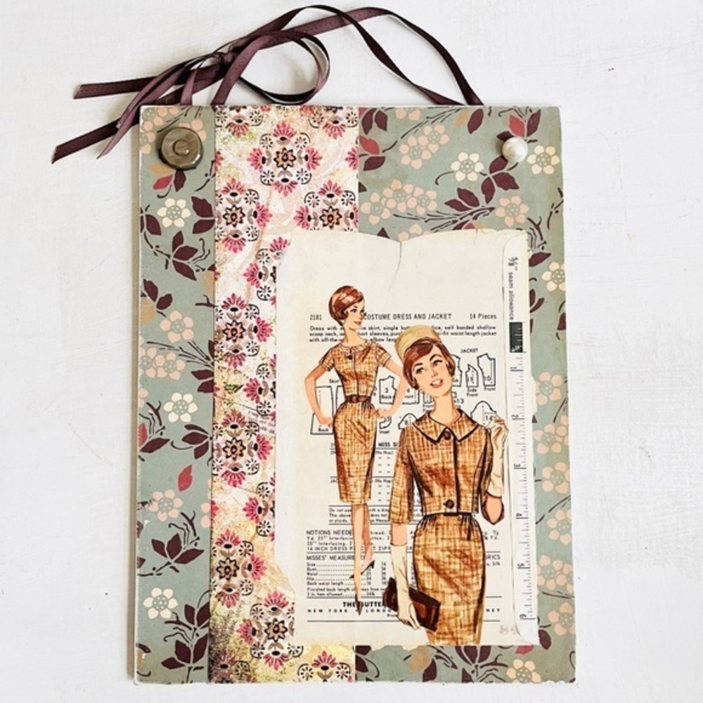 Vintage Sewing Pattern Mixed Media 9x12 Canvas Board Hanging Ribbon Collage